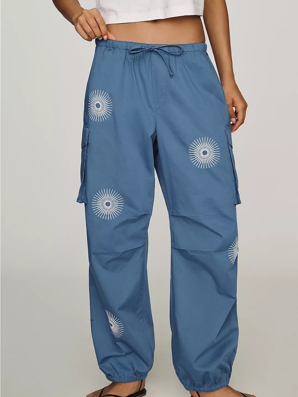 Anthropologie Pilcro Blue Cotton Ballon Pants with White Sunburst Embroidery NWT